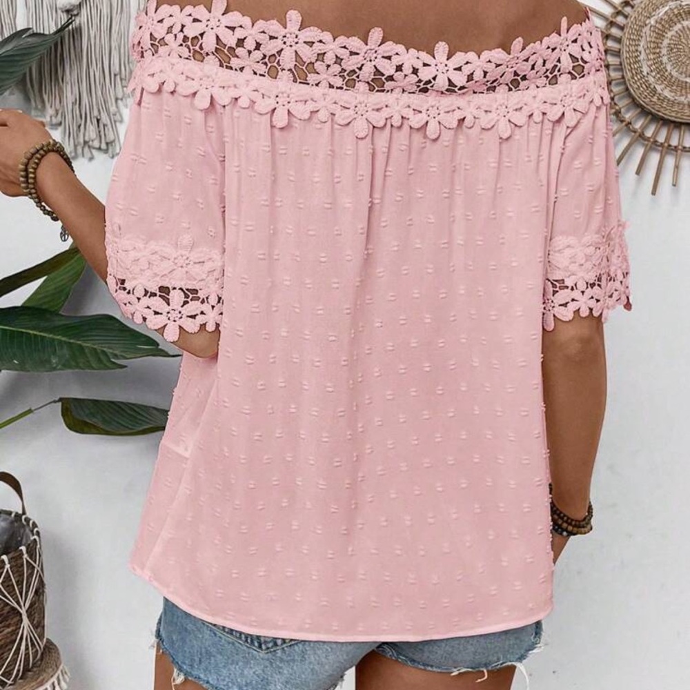 New Pink Off-Shoulder Lace Trim Top - Picture 3 of 4